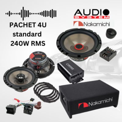 Pachet difuzoare  Carbon 4 usi  + amplificator CO-40.4M + Subwoofer facedown Nakamichi, inele si cablaje plug&play pe masina